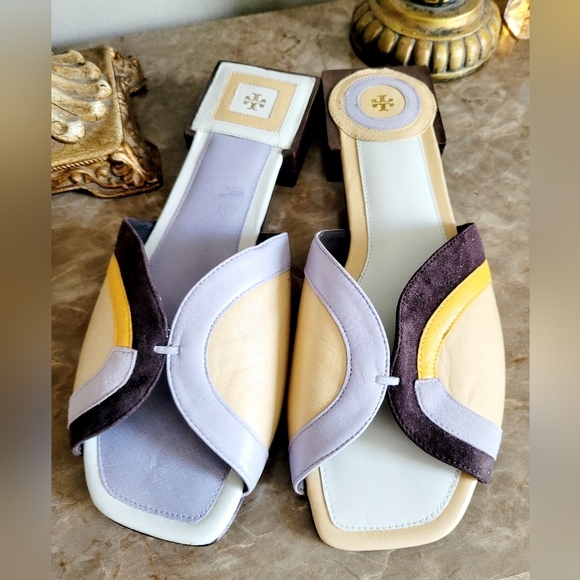 Tory Burch Marquetry Nappa Leather/Suede Mules Slides Abstract Tan/Peachy US 9 - Picture 3 of 16